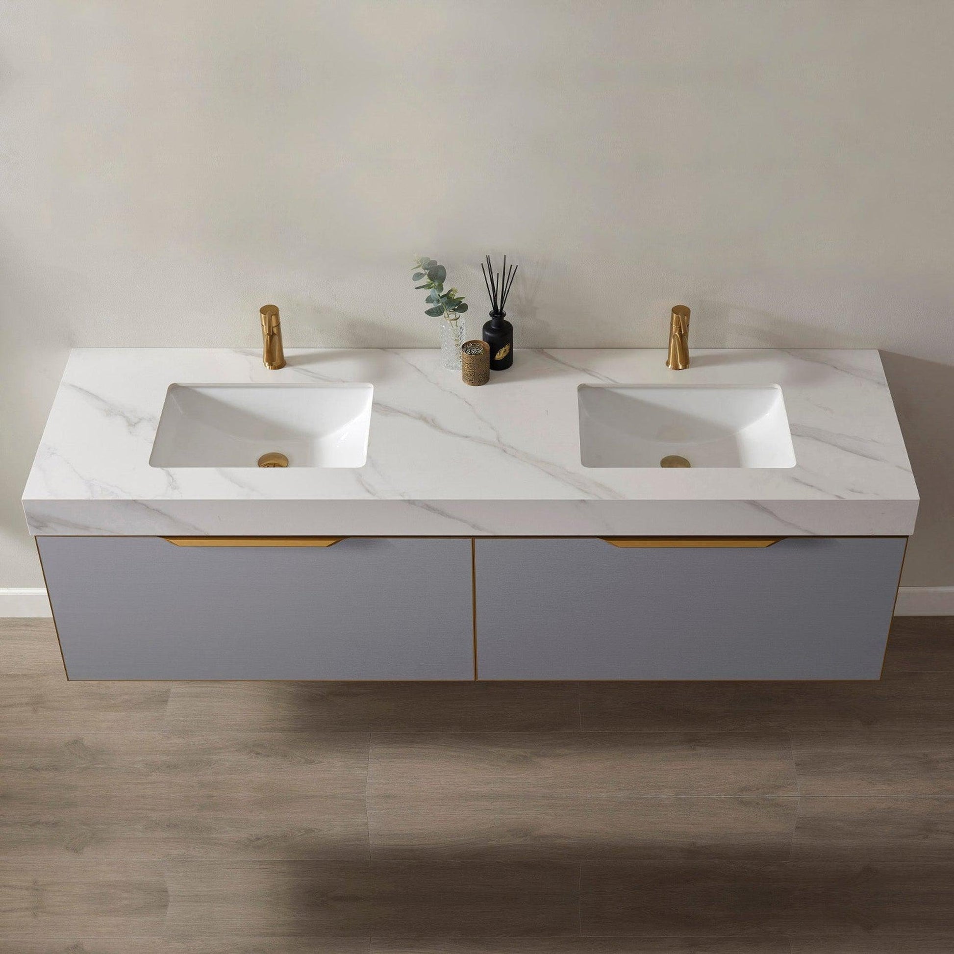 Vinnova Alicante 72" Double Vanity In Elegant Grey With White Sintered Stone Countertop And Undermount Sink Without Mirror