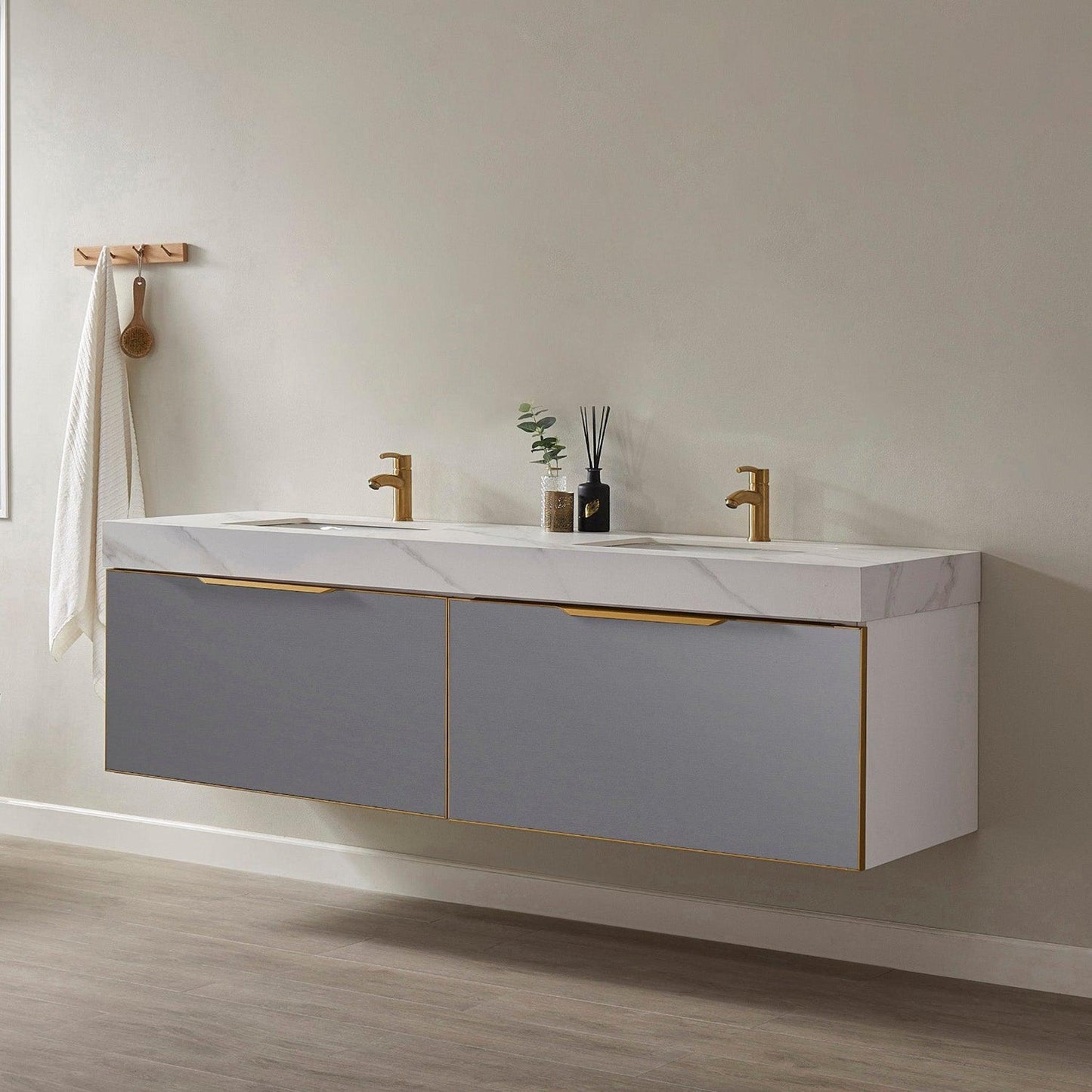 Vinnova Alicante 72" Double Vanity In Elegant Grey With White Sintered Stone Countertop And Undermount Sink Without Mirror