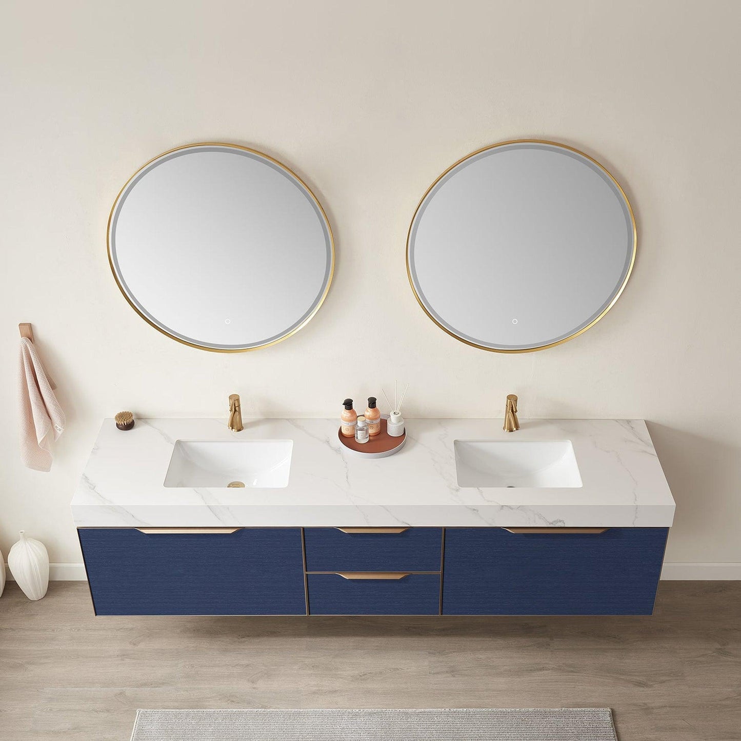 Vinnova Alicante 84" Double Vanity In Classic Blue With White Sintered Stone Countertop And Undermount Sink With Mirror