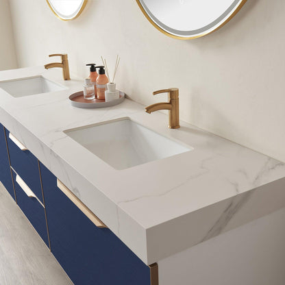 Vinnova Alicante 84" Double Vanity In Classic Blue With White Sintered Stone Countertop And Undermount Sink With Mirror