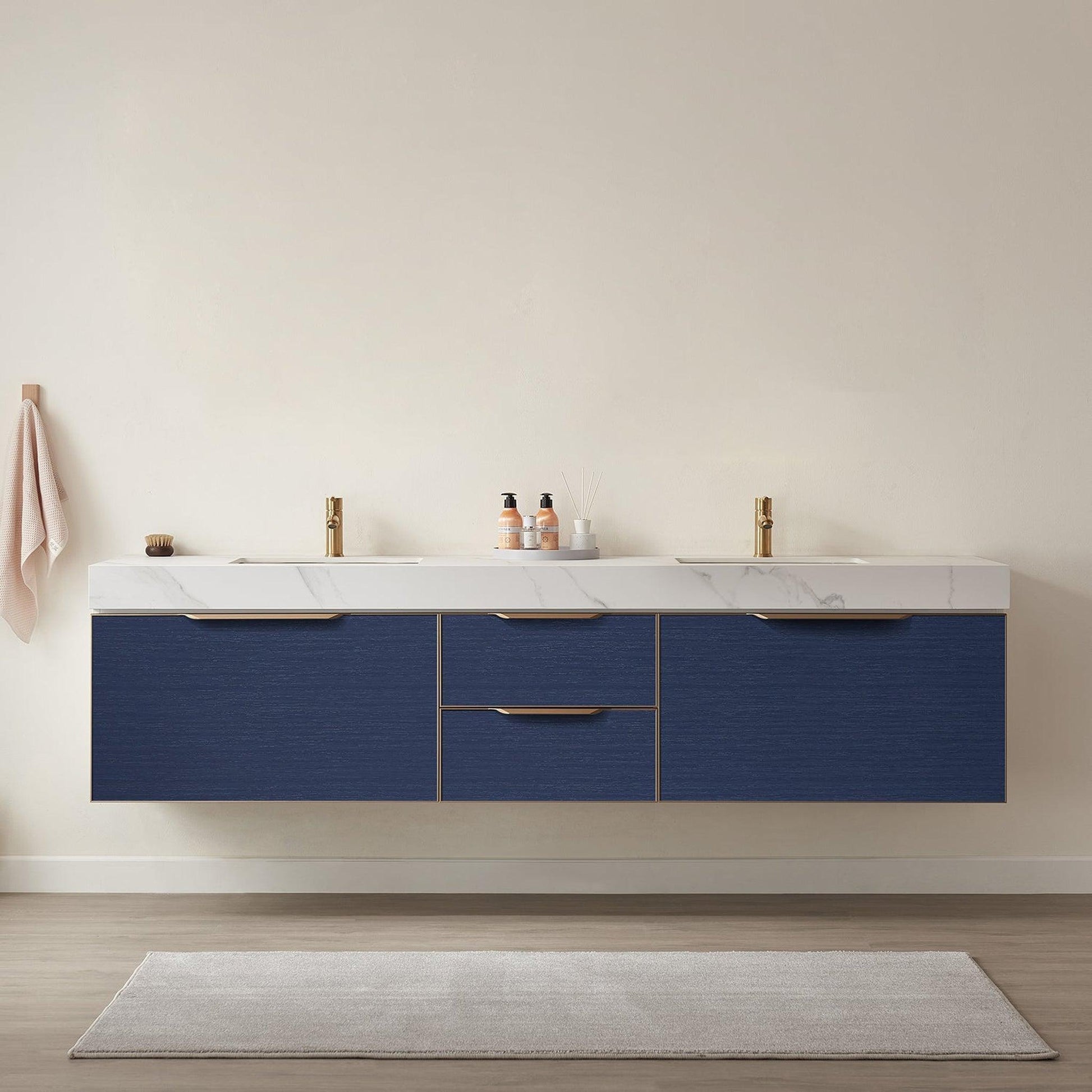 Vinnova Alicante 84" Double Vanity In Classic Blue With White Sintered Stone Countertop And Undermount Sink Without Mirror