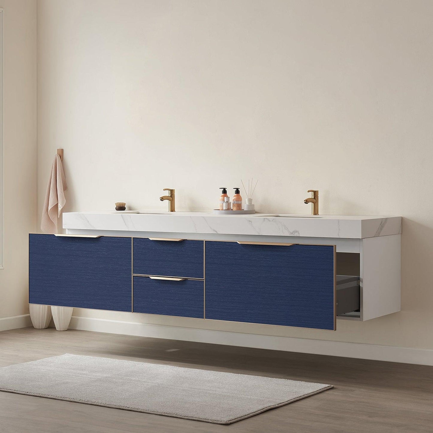 Vinnova Alicante 84" Double Vanity In Classic Blue With White Sintered Stone Countertop And Undermount Sink Without Mirror