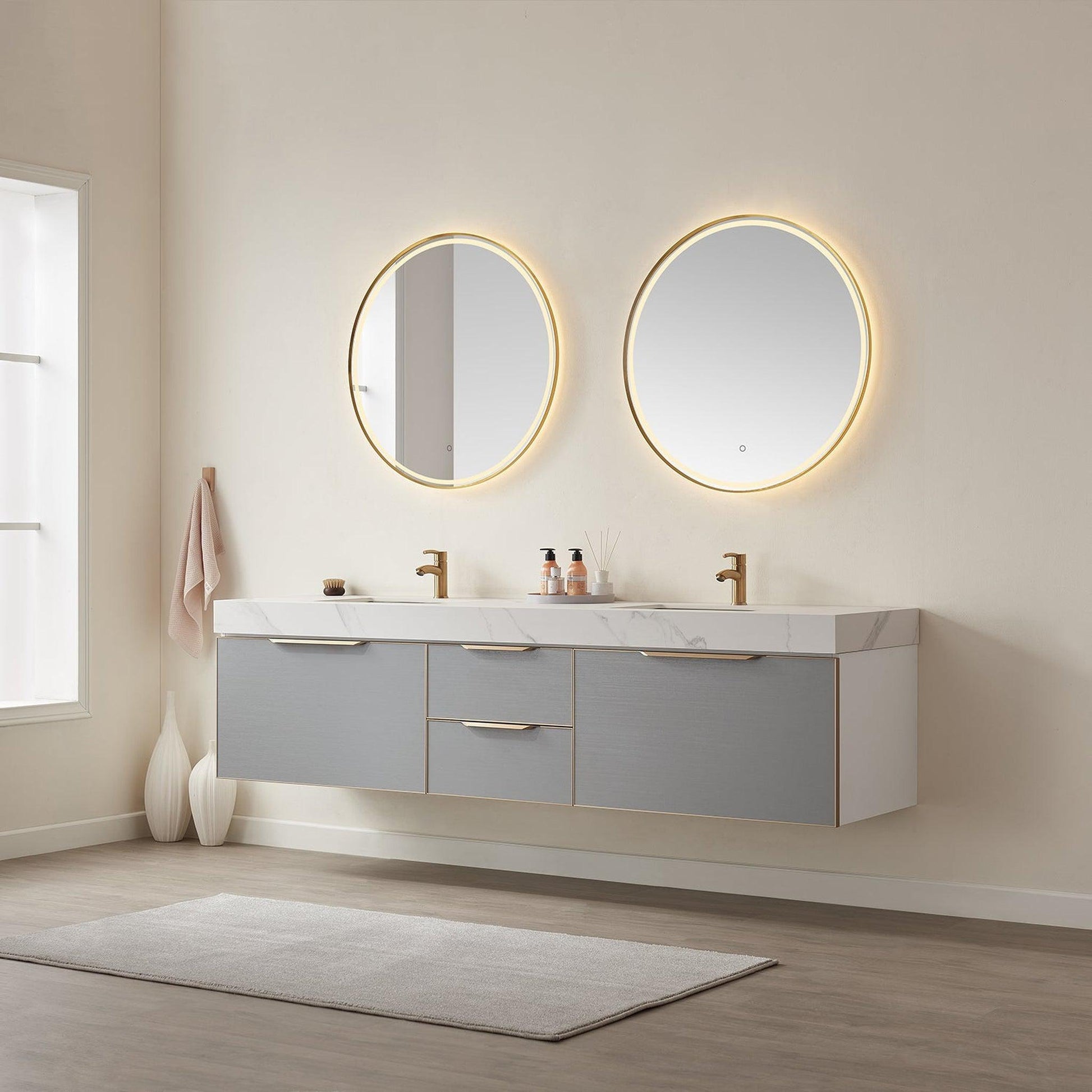 Vinnova Alicante 84" Double Vanity In Elegant Grey With White Sintered Stone Countertop And Undermount Sink With Mirror