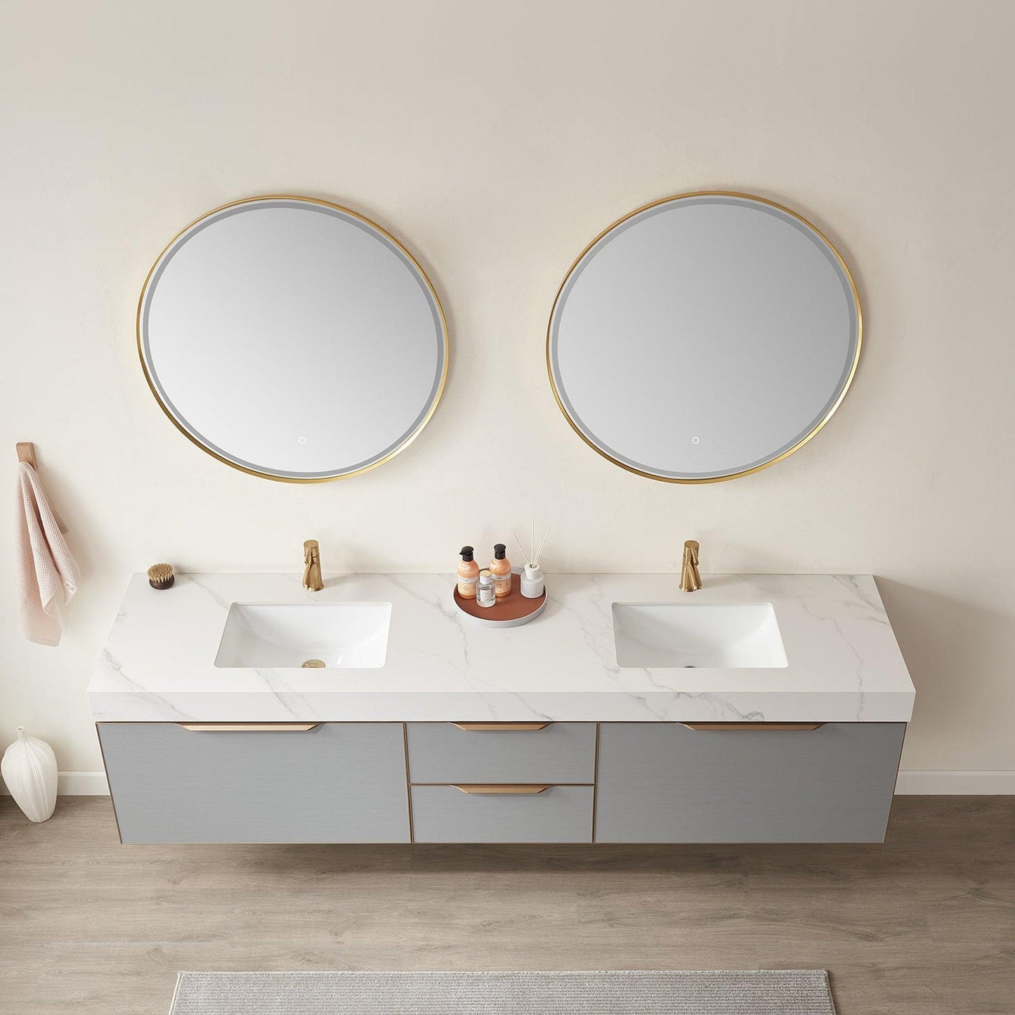 Vinnova Alicante 84" Double Vanity In Elegant Grey With White Sintered Stone Countertop And Undermount Sink With Mirror