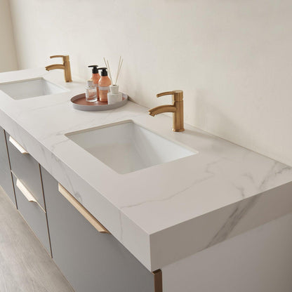 Vinnova Alicante 84" Double Vanity In Elegant Grey With White Sintered Stone Countertop And Undermount Sink Without Mirror