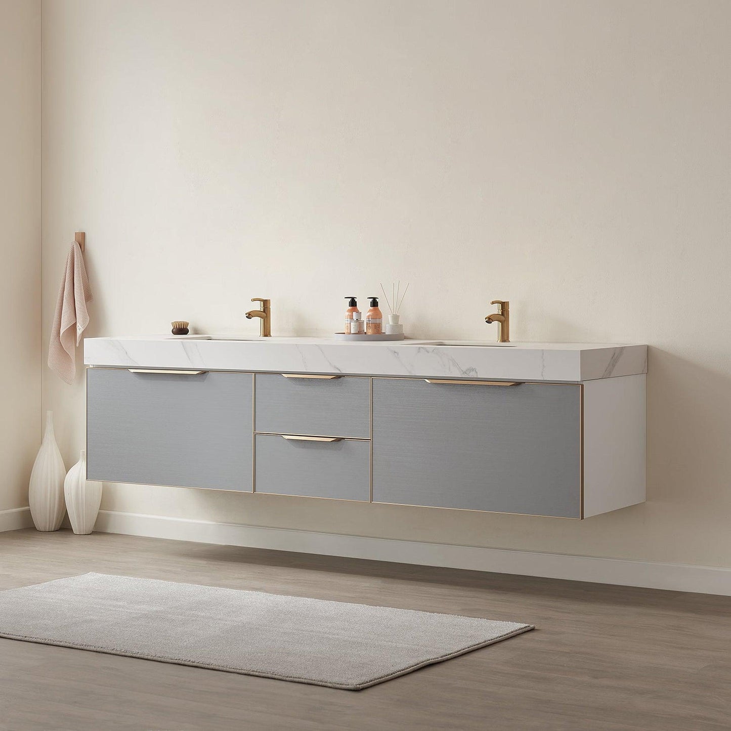Vinnova Alicante 84" Double Vanity In Elegant Grey With White Sintered Stone Countertop And Undermount Sink Without Mirror