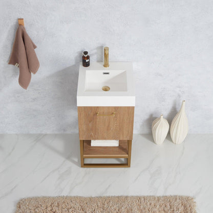 Vinnova Alistair 18" Single Sink Bath Vanity In North American Oak And Brushed Gold Finish With Whole Artificial Stone Basin Top