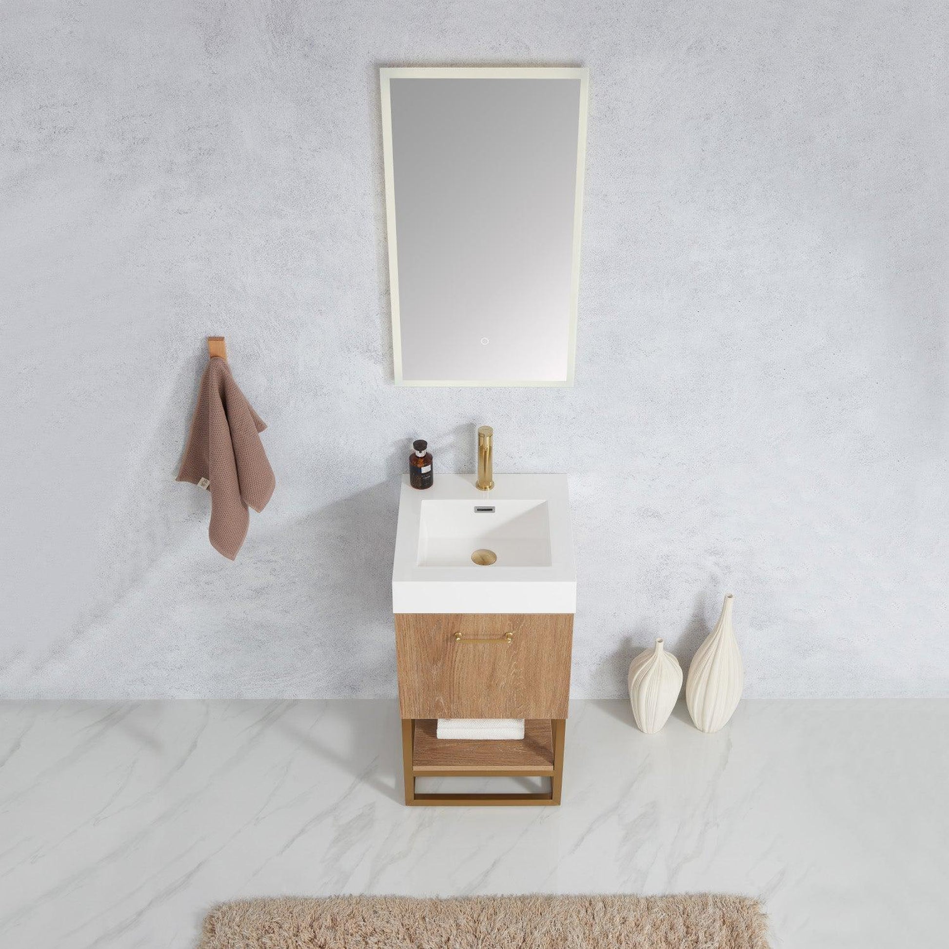 Vinnova Alistair 18" Single Sink Bath Vanity In North American Oak And Brushed Gold Finish With Whole Artificial Stone Basin Top And Mirror
