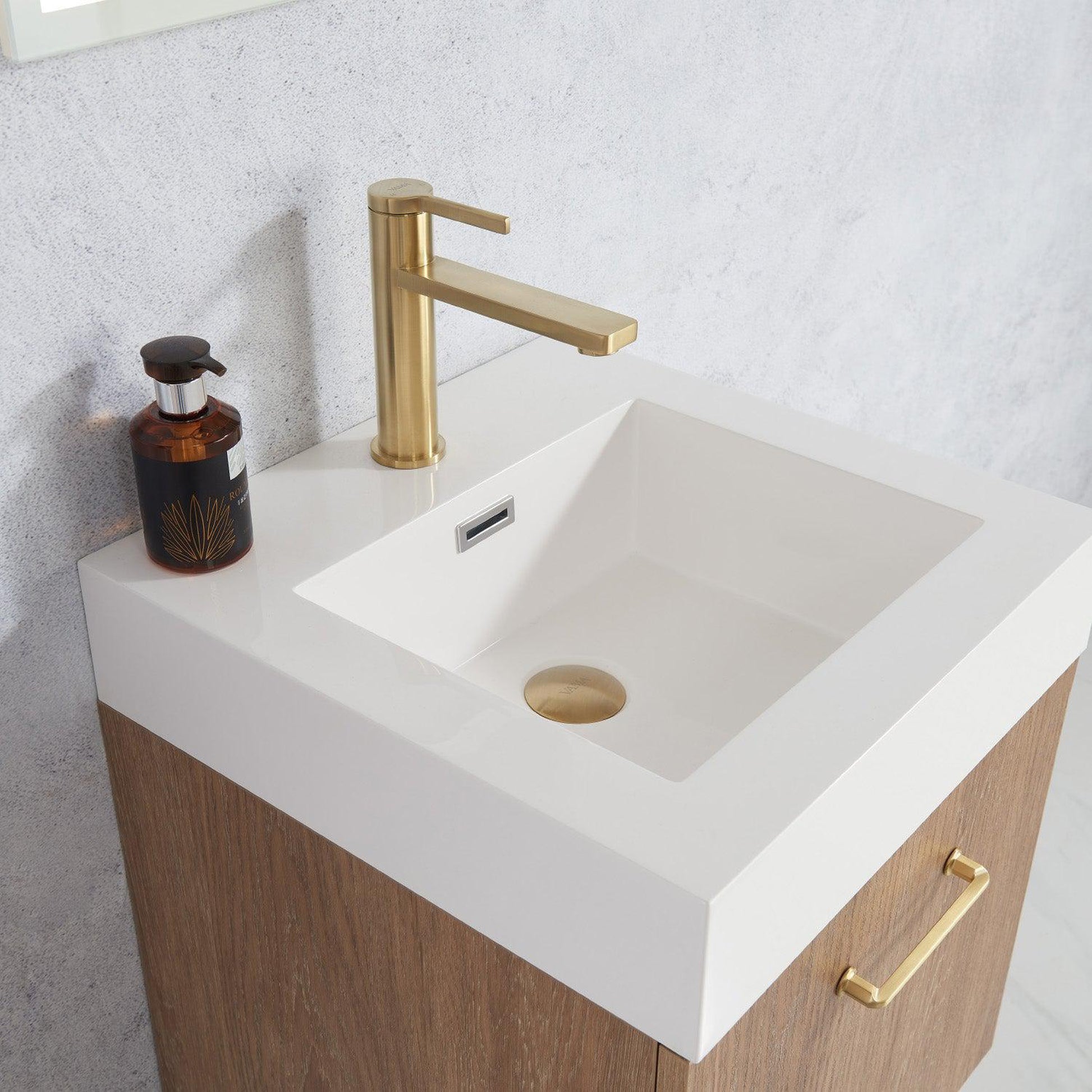 Vinnova Alistair 18" Single Sink Bath Vanity In North American Oak And Brushed Gold Finish With Whole Artificial Stone Basin Top And Mirror