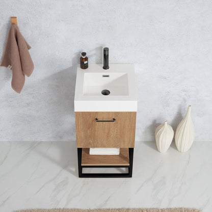 Vinnova Alistair 18" Single Sink Bath Vanity In North American Oak And Matte Black Finish With White Grain Stone Countertop