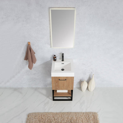 Vinnova Alistair 18" Single Sink Bath Vanity In North American Oak And Matte Black Finish With White Grain Stone Countertop And Mirror