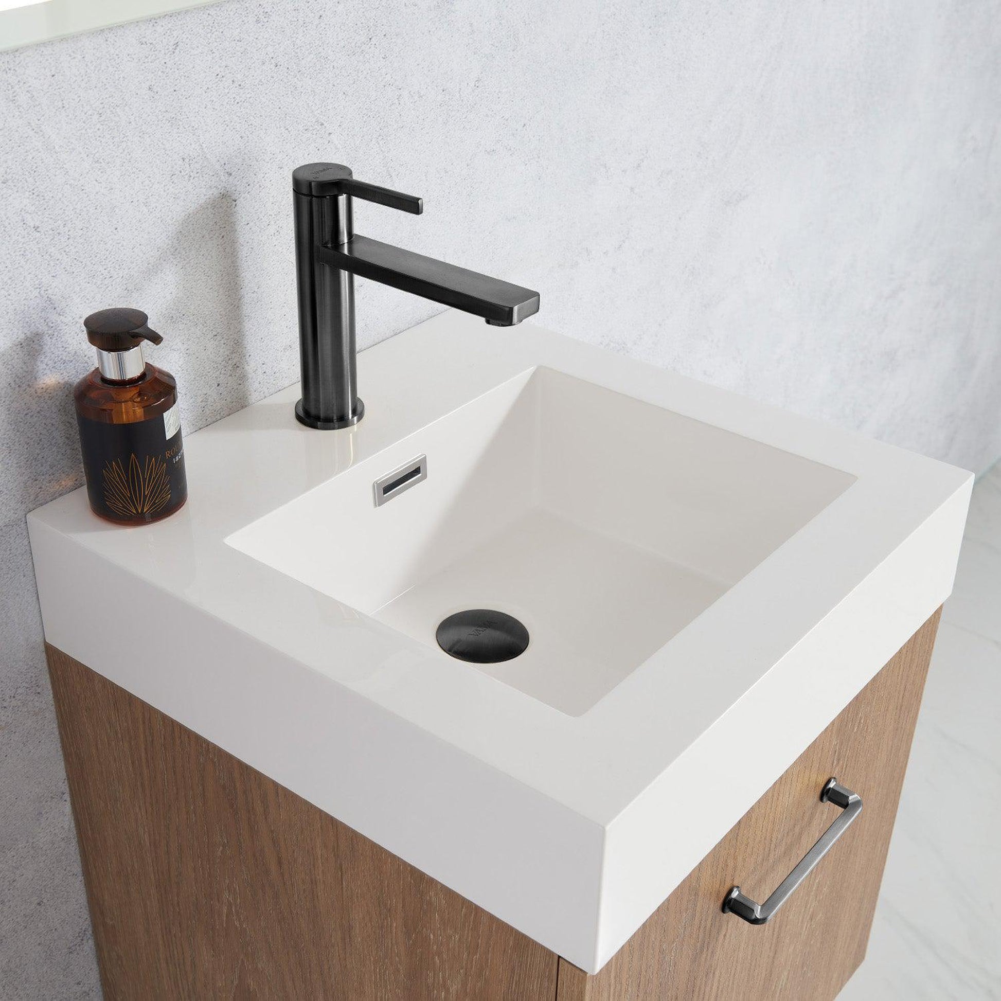 Vinnova Alistair 18" Single Sink Bath Vanity In North American Oak And Matte Black Finish With White Grain Stone Countertop And Mirror