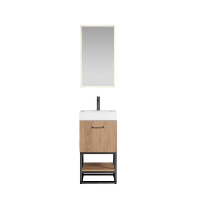 Vinnova Alistair 18" Single Sink Bath Vanity In North American Oak And Matte Black Finish With White Grain Stone Countertop And Mirror