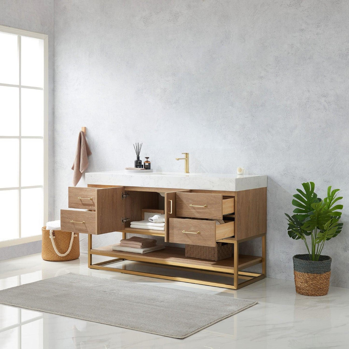 Vinnova Alistair 60" Single Sink Bath Vanity In North American Oak And Brushed Gold Finish With White Grain Stone Countertop
