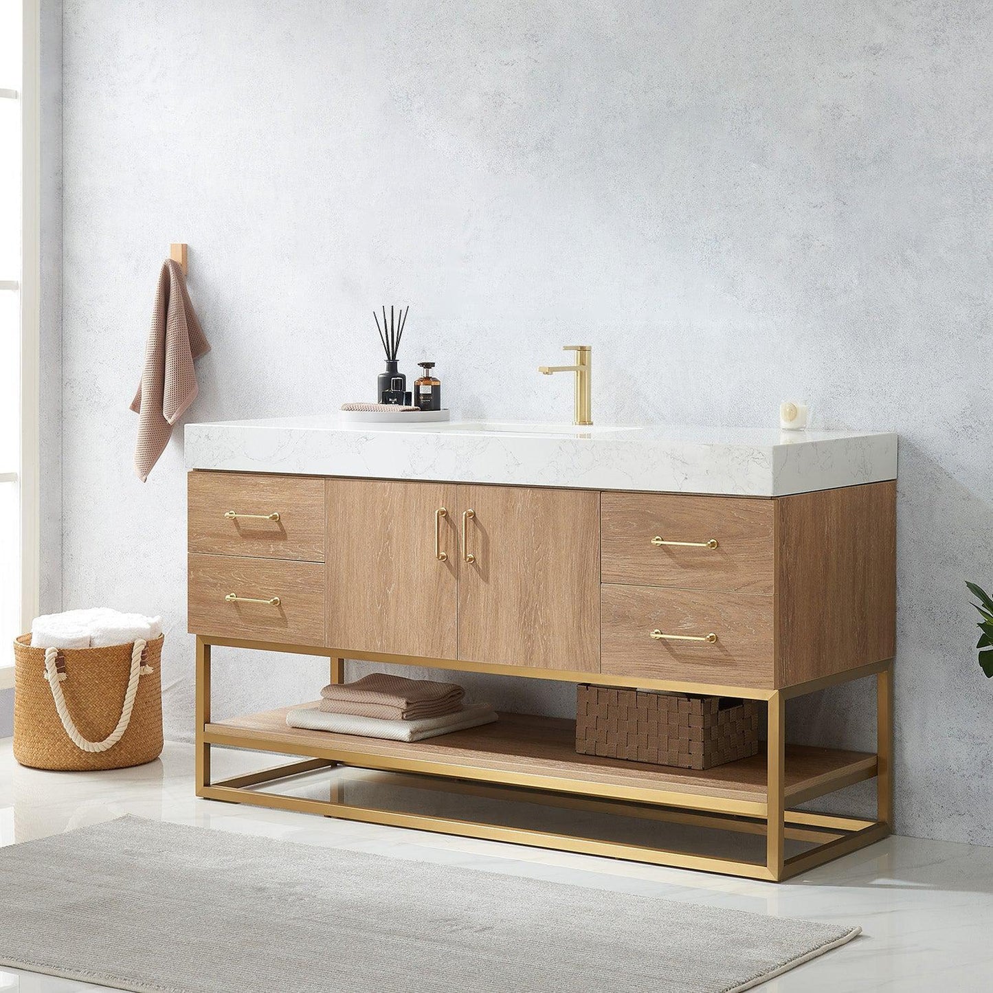 Vinnova Alistair 60" Single Sink Bath Vanity In North American Oak And Brushed Gold Finish With White Grain Stone Countertop