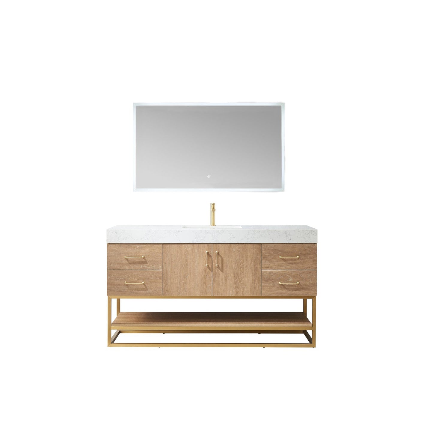 Vinnova Alistair 60" Single Sink Bath Vanity In North American Oak And Brushed Gold Finish With White Grain Stone Countertop And Mirror