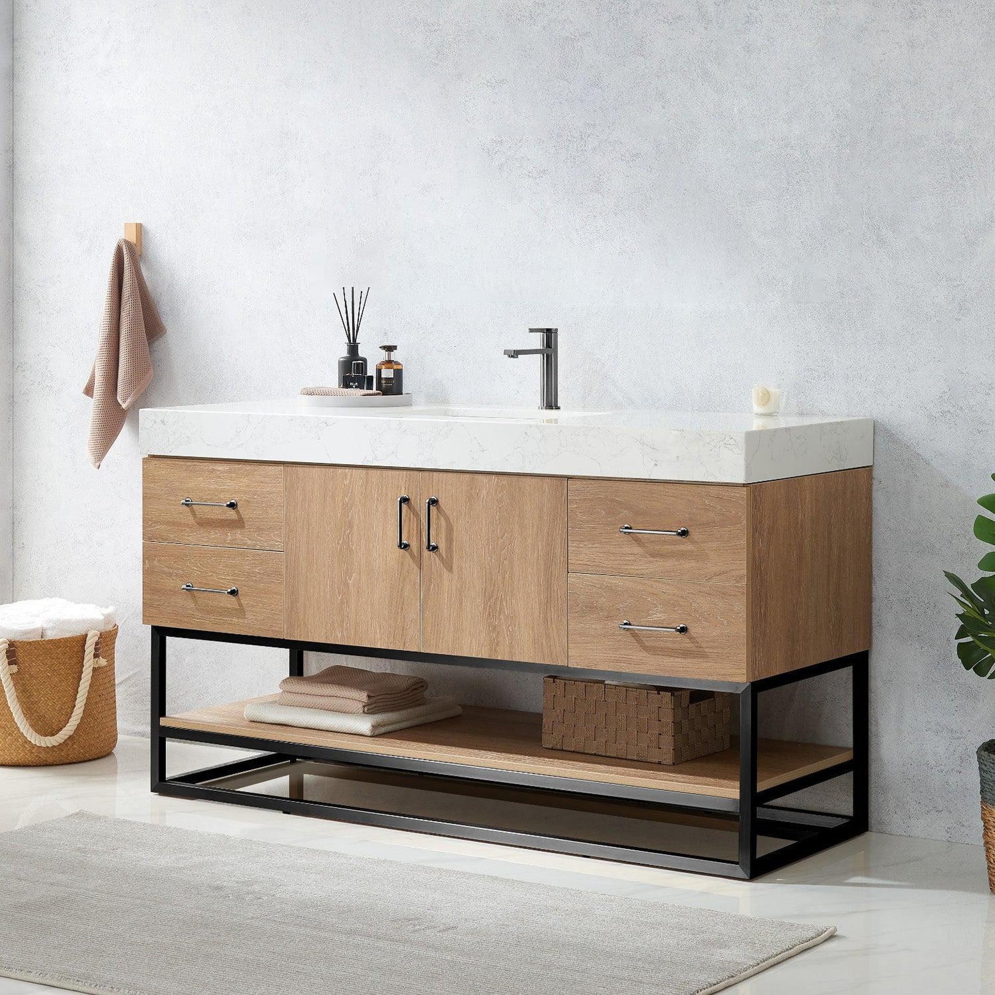 Vinnova Alistair 60" Single Sink Bath Vanity In North American Oak And Matte Black Finish With White Grain Stone Countertop