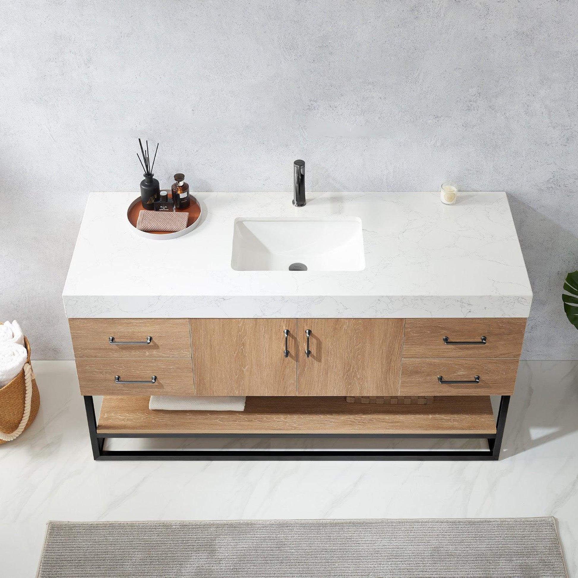 Vinnova Alistair 60" Single Sink Bath Vanity In North American Oak And Matte Black Finish With White Grain Stone Countertop
