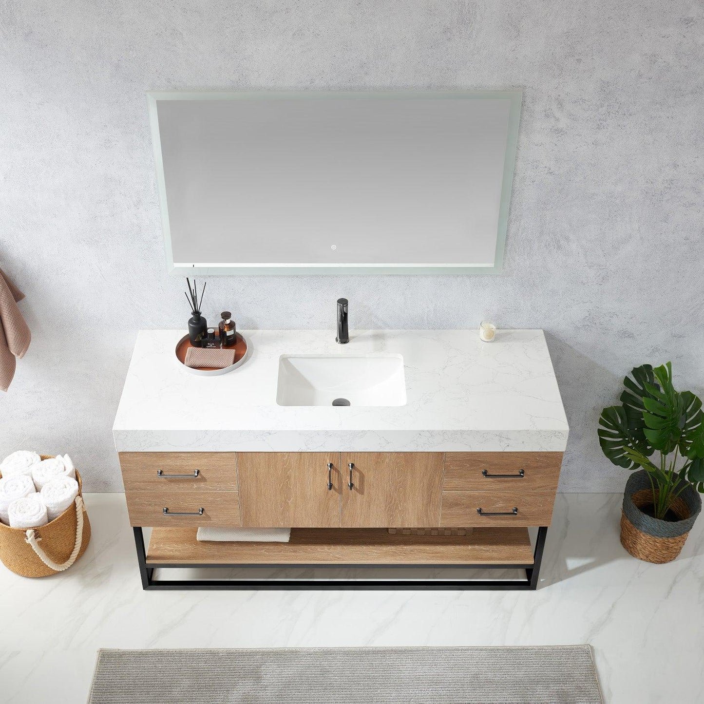 Vinnova Alistair 60" Single Sink Bath Vanity In North American Oak And Matte Black Finish With White Grain Stone Countertop And Mirror