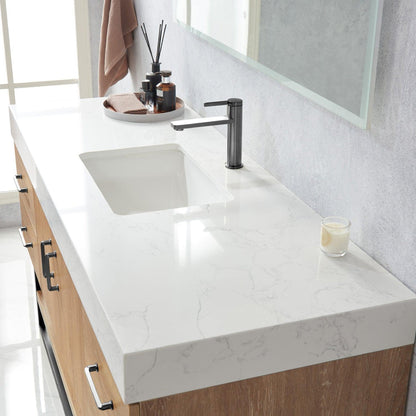 Vinnova Alistair 60" Single Sink Bath Vanity In North American Oak And Matte Black Finish With White Grain Stone Countertop And Mirror