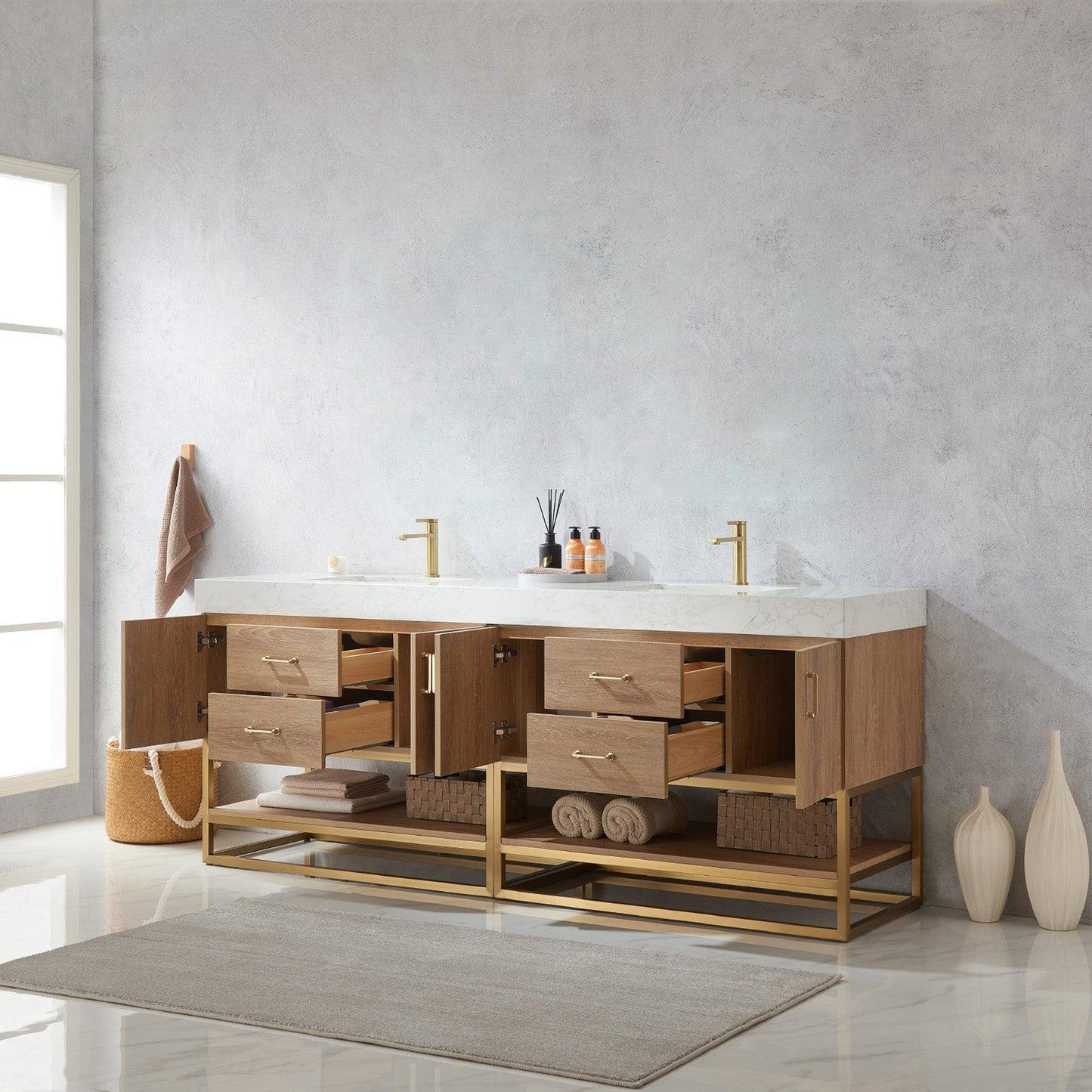 Vinnova Alistair 84" Double Sink Bath Vanity In North American Oak And Brushed Gold Finish With White Grain Stone Countertop