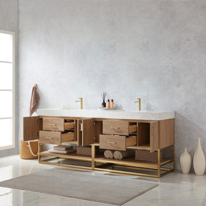 Vinnova Alistair 84" Double Sink Bath Vanity In North American Oak And Brushed Gold Finish With White Grain Stone Countertop