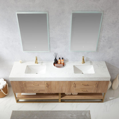 Vinnova Alistair 84" Double Sink Bath Vanity In North American Oak And Brushed Gold Finish With White Grain Stone Countertop And Mirror