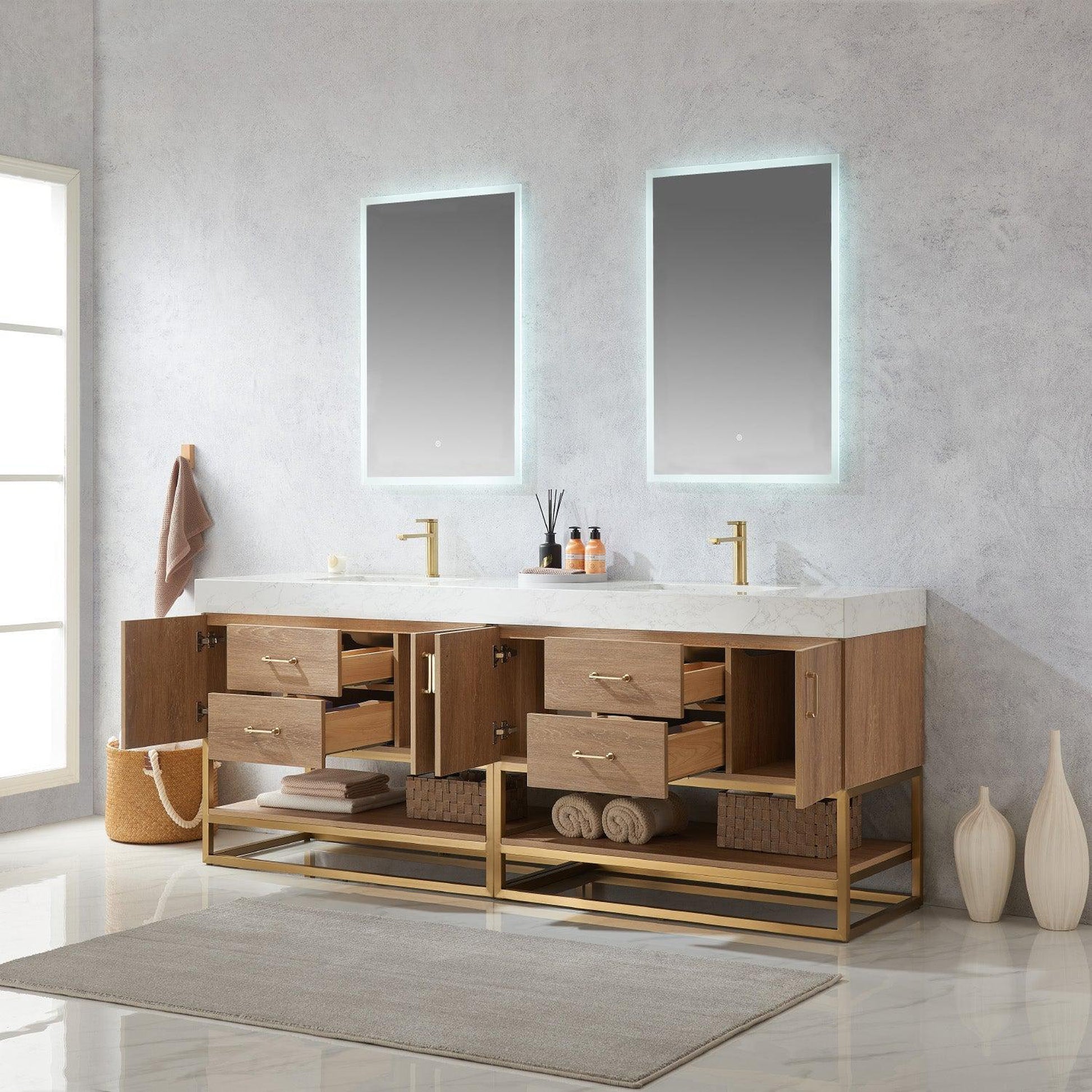 Vinnova Alistair 84" Double Sink Bath Vanity In North American Oak And Brushed Gold Finish With White Grain Stone Countertop And Mirror