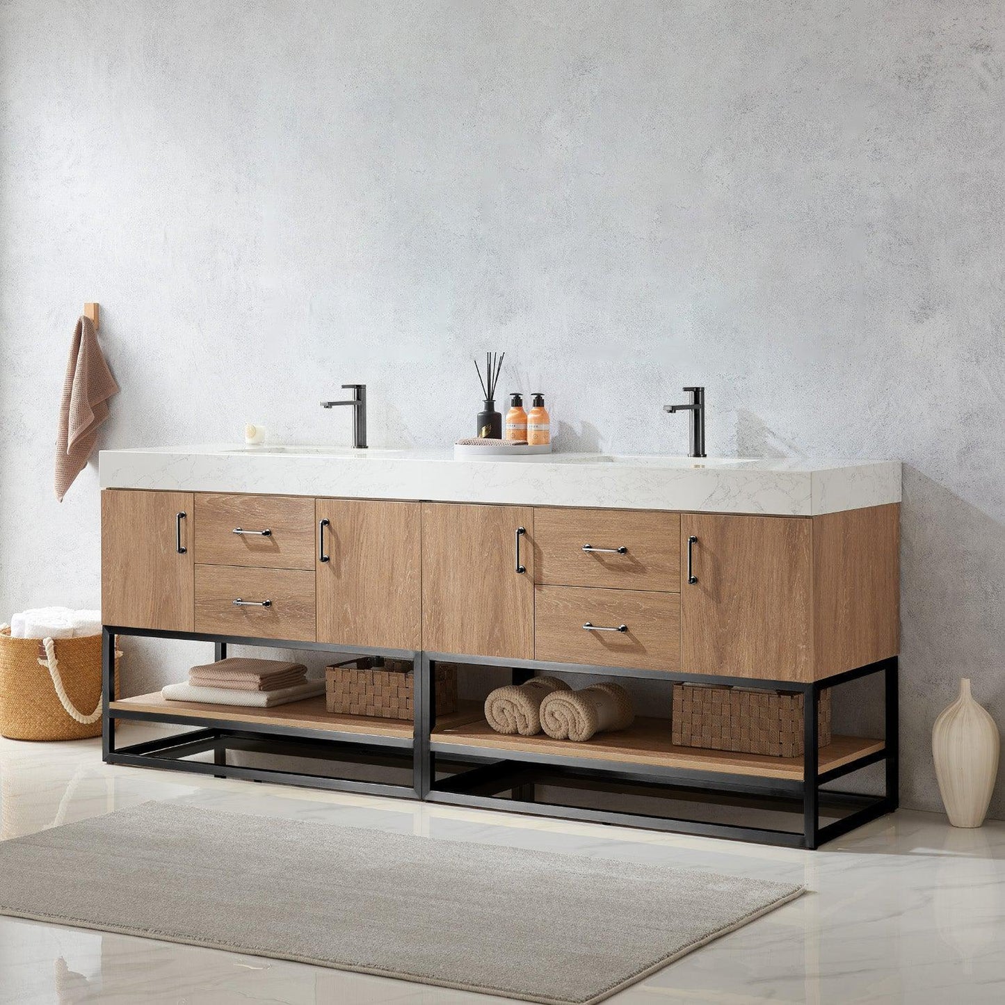 Vinnova Alistair 84" Double Sink Bath Vanity In North American Oak And Matte Black Finish With White Grain Stone Countertop
