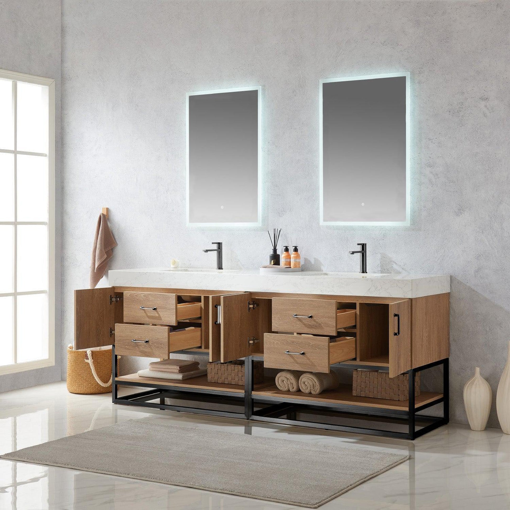 Vinnova Alistair 84" Double Sink Bath Vanity In North American Oak And Matte Black Finish With White Grain Stone Countertop And Mirror