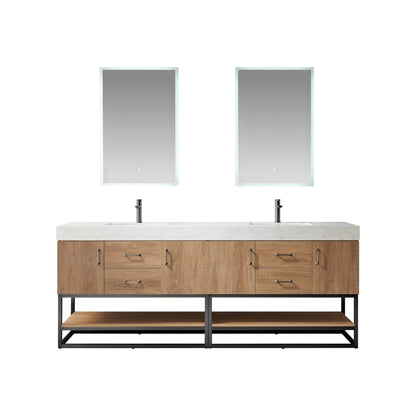 Vinnova Alistair 84" Double Sink Bath Vanity In North American Oak And Matte Black Finish With White Grain Stone Countertop And Mirror