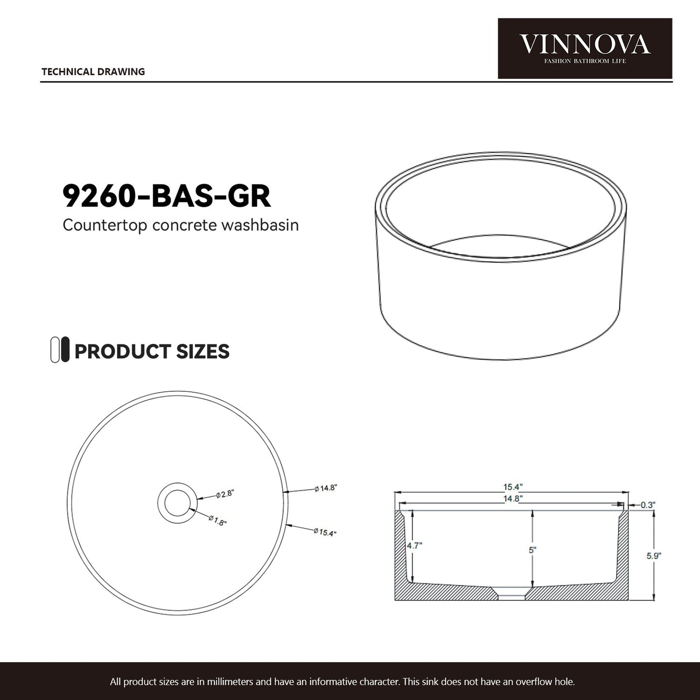 Vinnova Almonte 15" Grey Concrete Circular Vessel Bathroom Sink