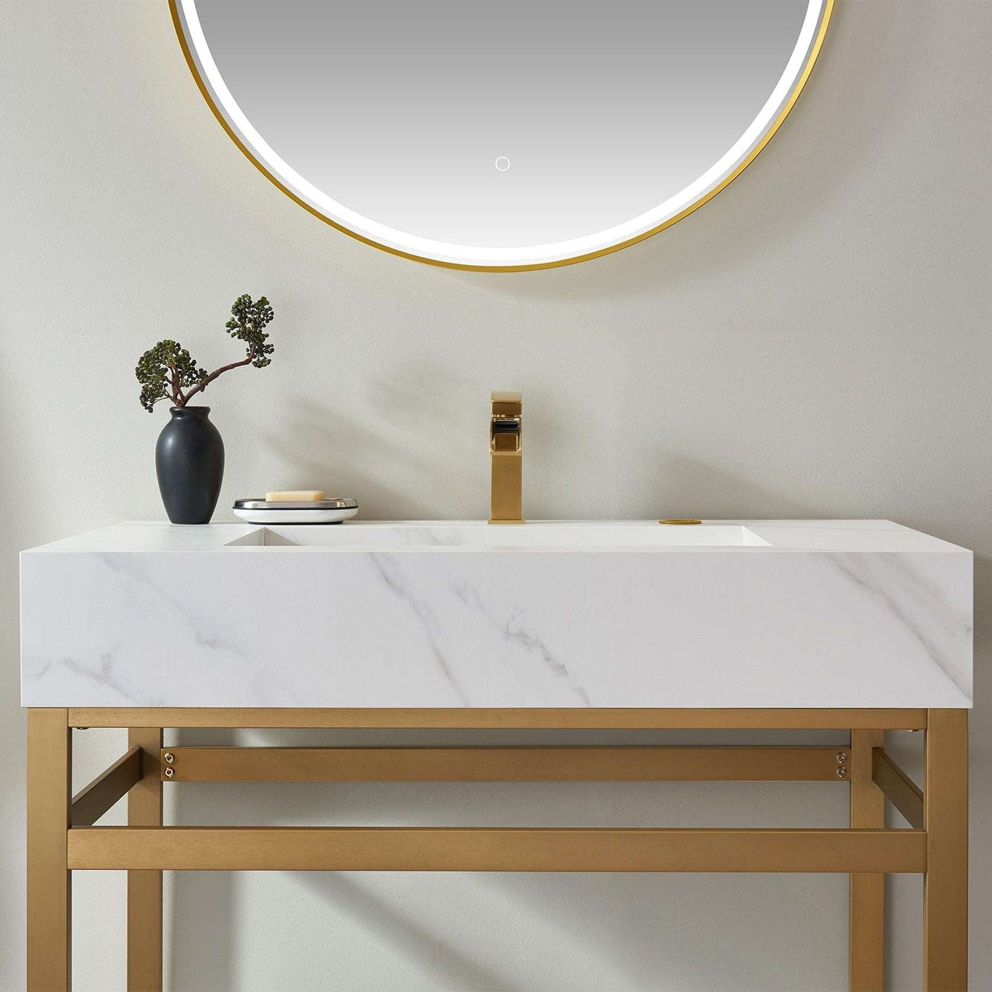 Vinnova Bilbao 36" Single Vanity With Brushed Gold Stainless Steel Bracket Match With Snow Mountain White Stone Countertop With Mirror