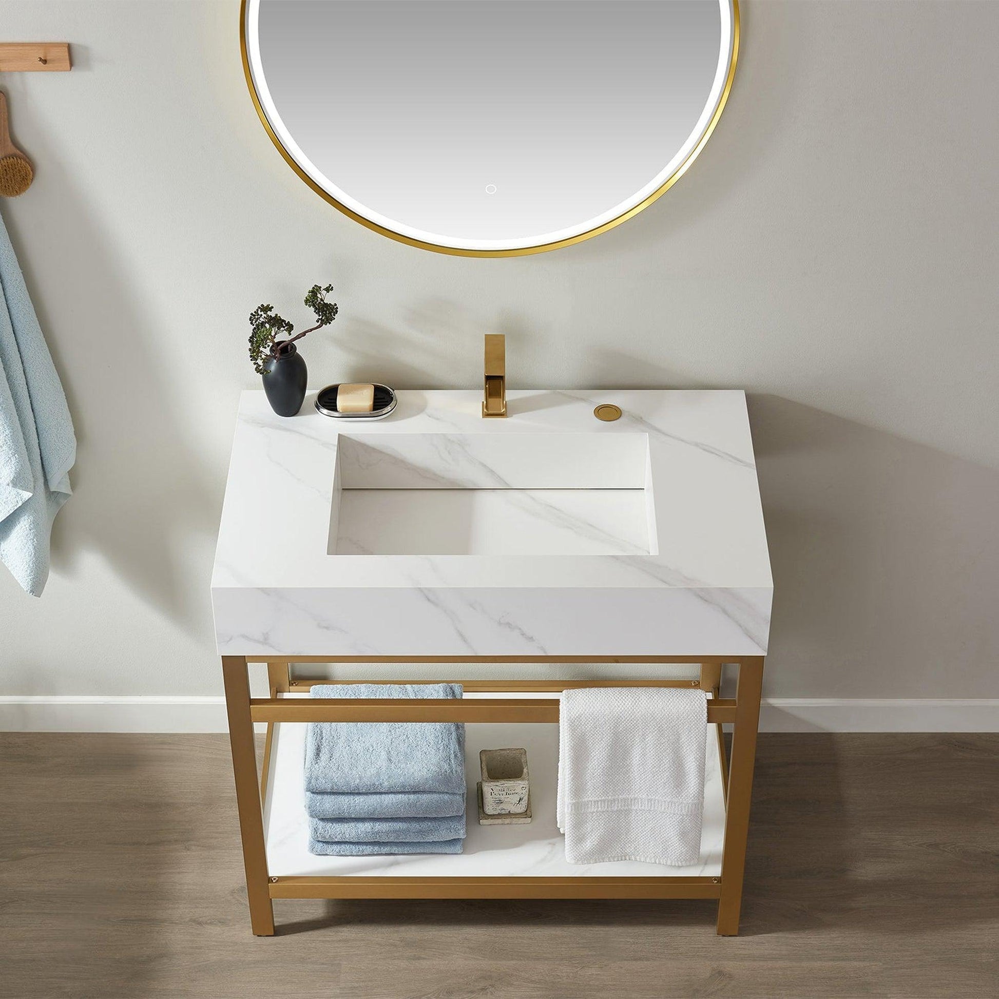Vinnova Bilbao 36" Single Vanity With Brushed Gold Stainless Steel Bracket Match With Snow Mountain White Stone Countertop With Mirror