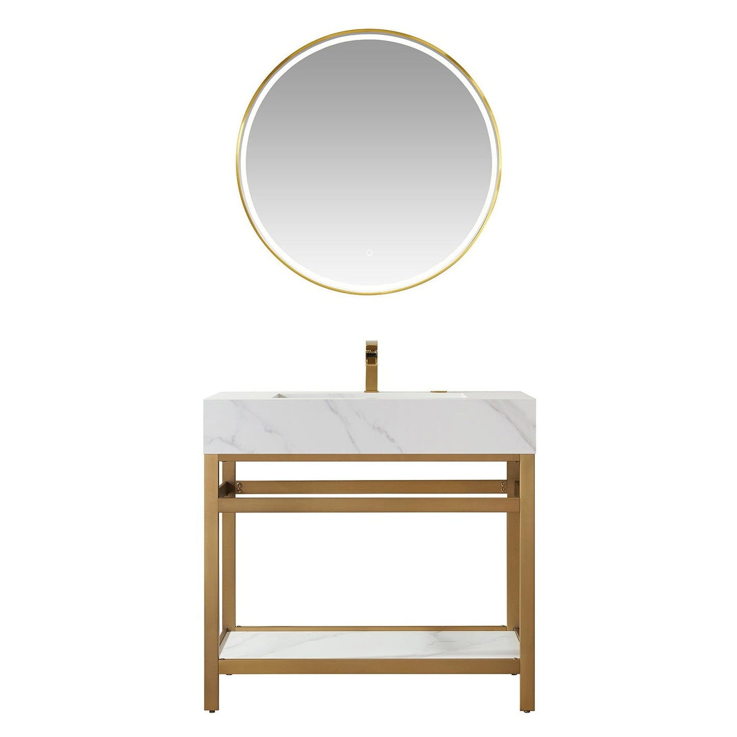 Vinnova Bilbao 36" Single Vanity With Brushed Gold Stainless Steel Bracket Match With Snow Mountain White Stone Countertop With Mirror