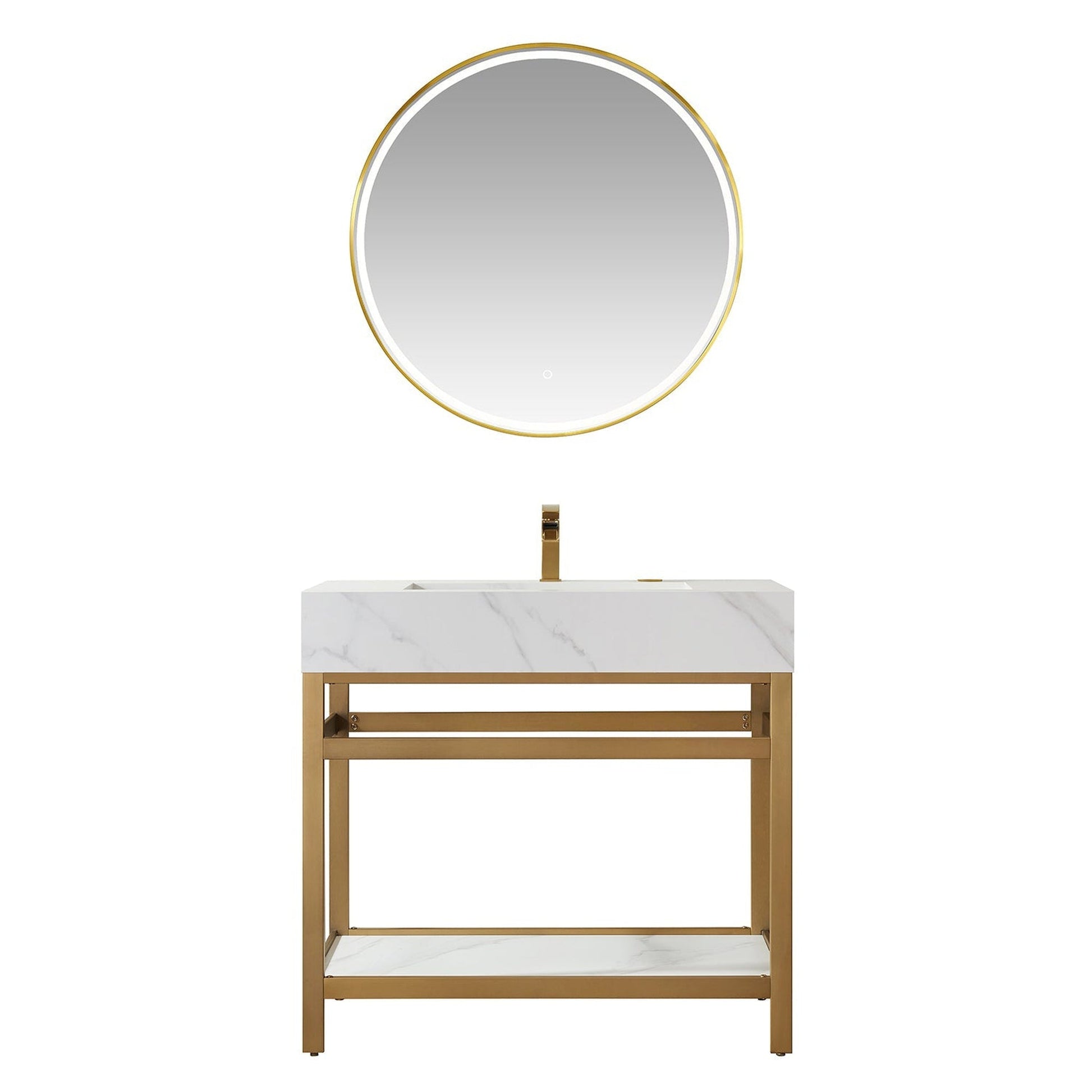 Vinnova Bilbao 36" Single Vanity With Brushed Gold Stainless Steel Bracket Match With Snow Mountain White Stone Countertop With Mirror