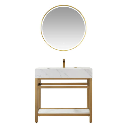 Vinnova Bilbao 36" Single Vanity With Brushed Gold Stainless Steel Bracket Match With Snow Mountain White Stone Countertop With Mirror