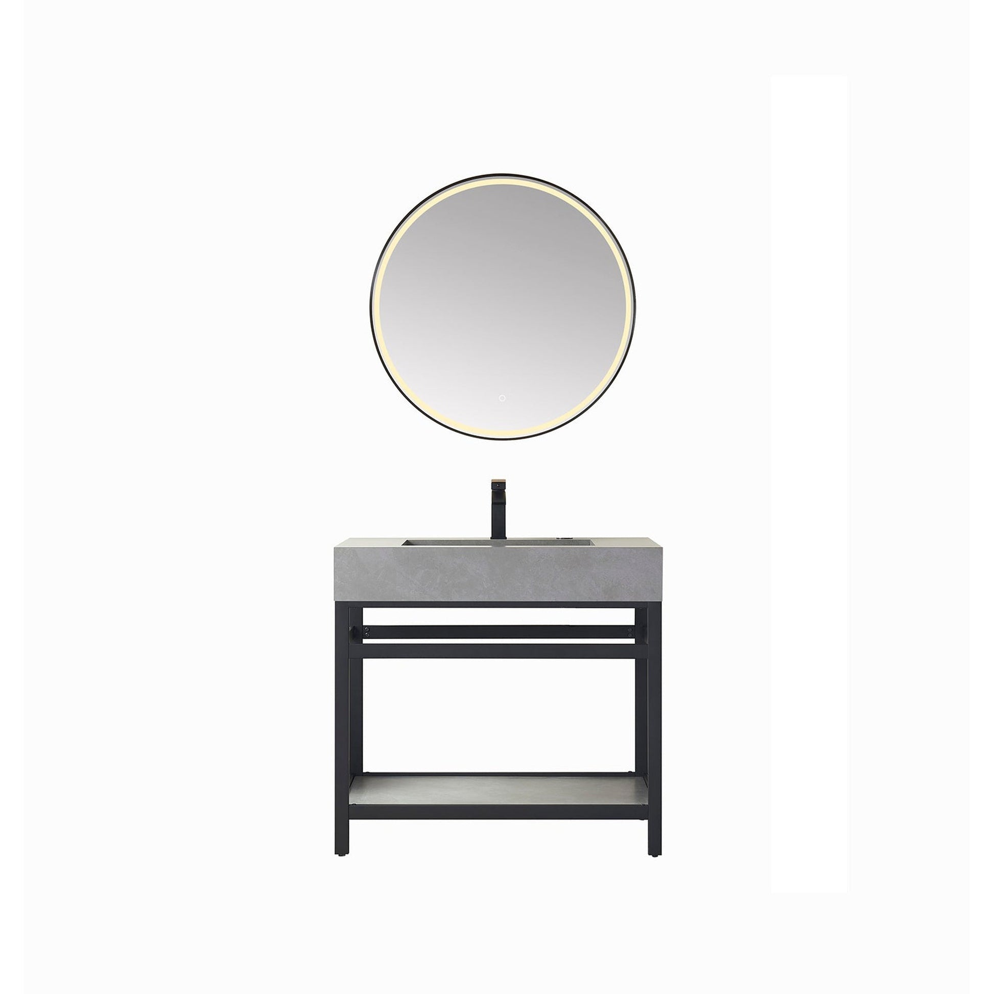 Vinnova Bilbao 36" Single Vanity With Matte Black Stainless Steel Bracket Match With Grey Sintered Stone Countertop With Mirror