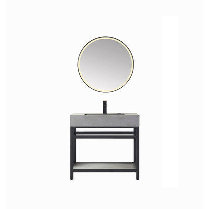 Vinnova Bilbao 36" Single Vanity With Matte Black Stainless Steel Bracket Match With Grey Sintered Stone Countertop With Mirror