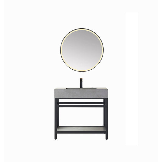 Vinnova Bilbao 36" Single Vanity With Matte Black Stainless Steel Bracket Match With Grey Sintered Stone Countertop With Mirror