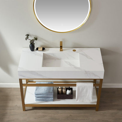 Vinnova Bilbao 48" Single Vanity With Brushed Gold Stainless Steel Bracket Match With Snow Mountain White Stone Countertop With Mirror