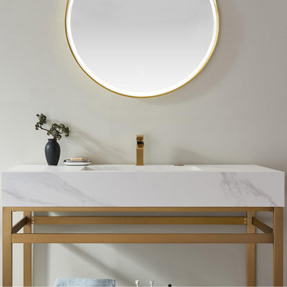 Vinnova Bilbao 48" Single Vanity With Brushed Gold Stainless Steel Bracket Match With Snow Mountain White Stone Countertop With Mirror