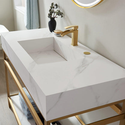 Vinnova Bilbao 48" Single Vanity With Brushed Gold Stainless Steel Bracket Match With Snow Mountain White Stone Countertop With Mirror