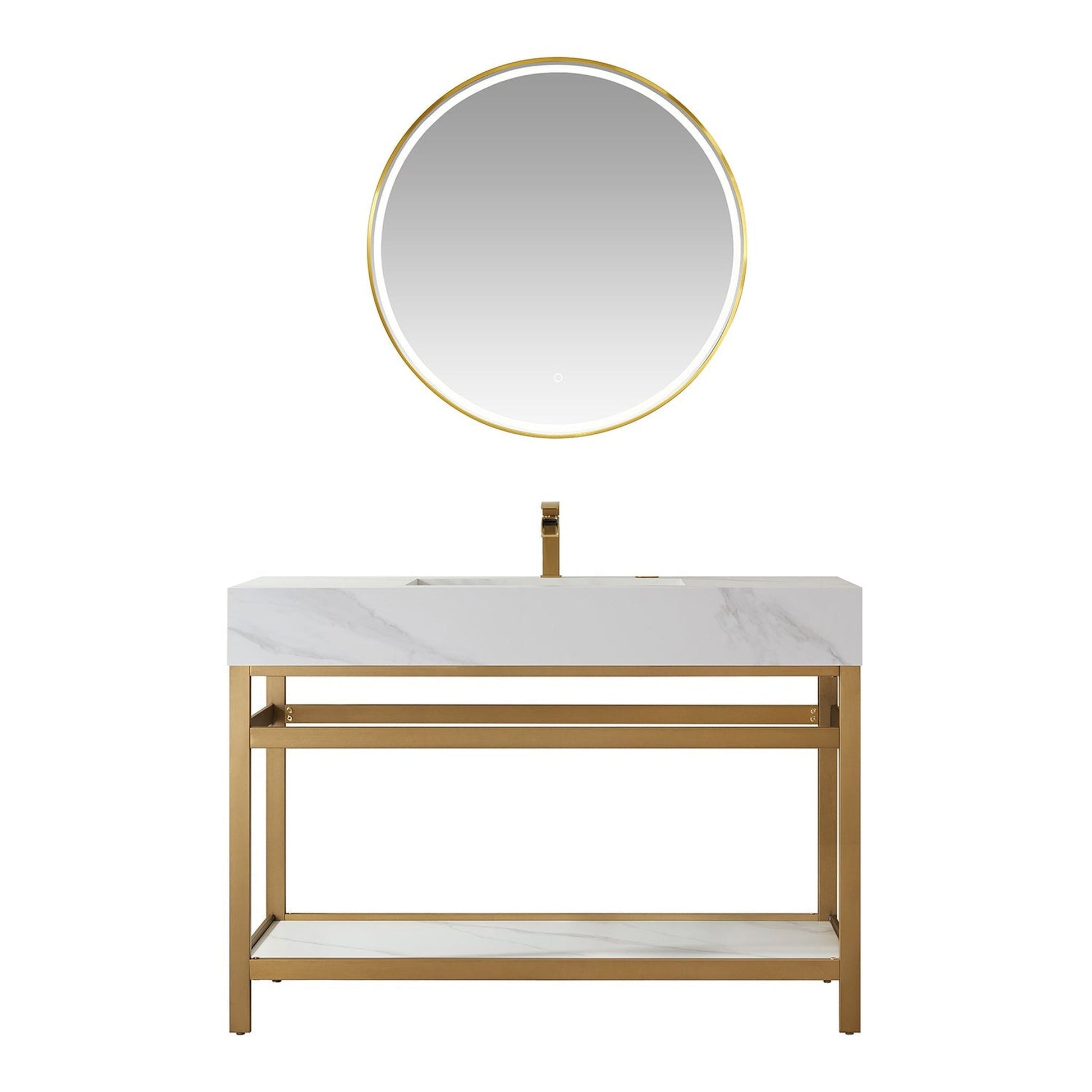 Vinnova Bilbao 48" Single Vanity With Brushed Gold Stainless Steel Bracket Match With Snow Mountain White Stone Countertop With Mirror