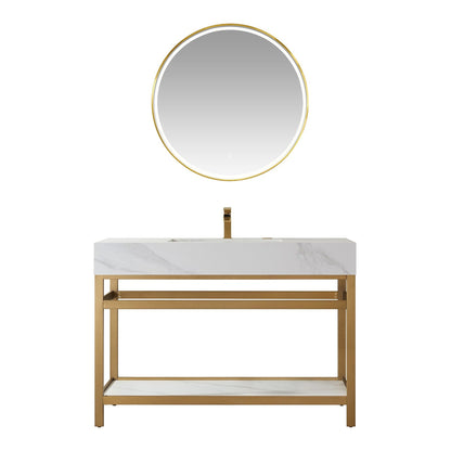 Vinnova Bilbao 48" Single Vanity With Brushed Gold Stainless Steel Bracket Match With Snow Mountain White Stone Countertop With Mirror