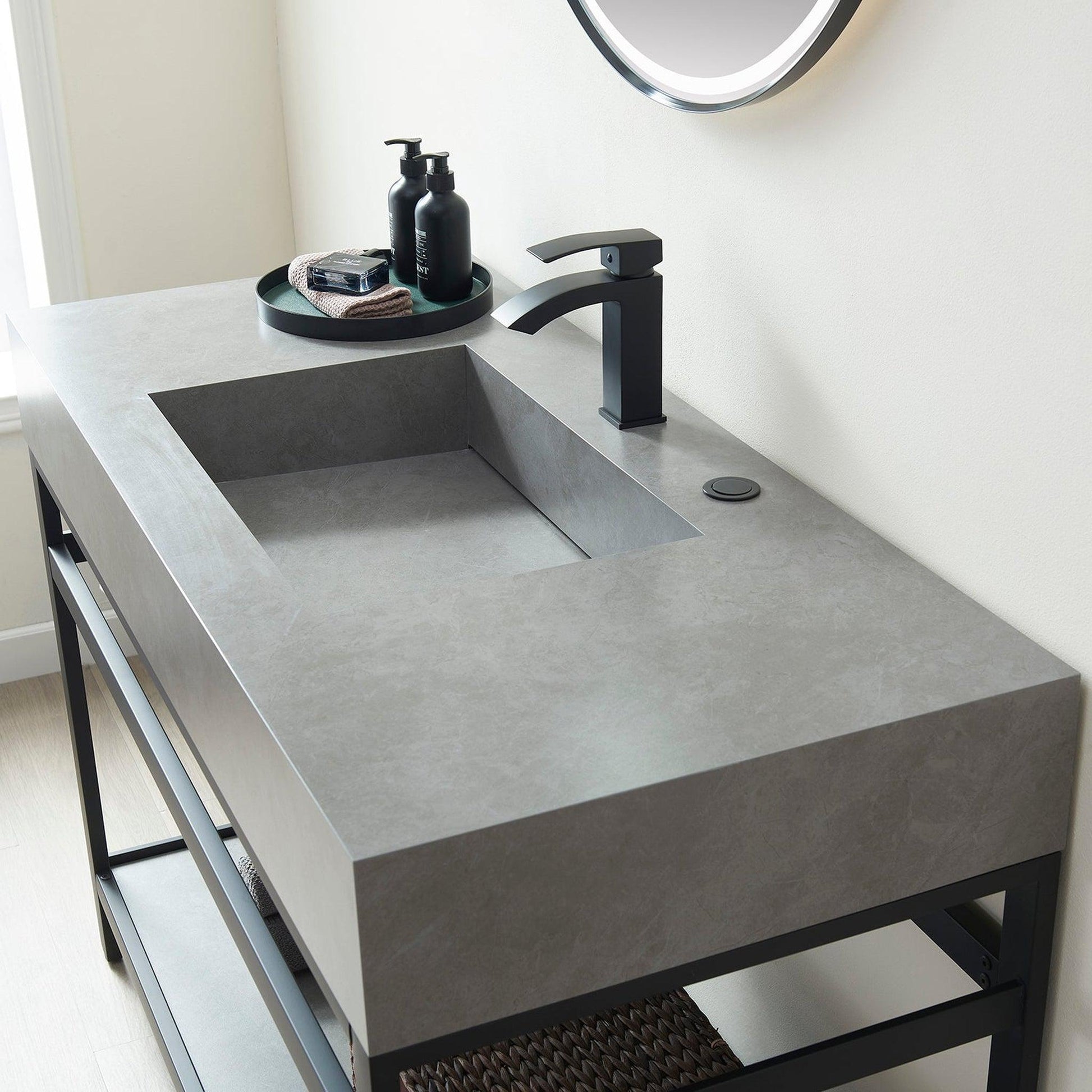 Vinnova Bilbao 48" Single Vanity With Matte Black Stainless Steel Bracket Match With Grey Sintered Stone Countertop With Mirror