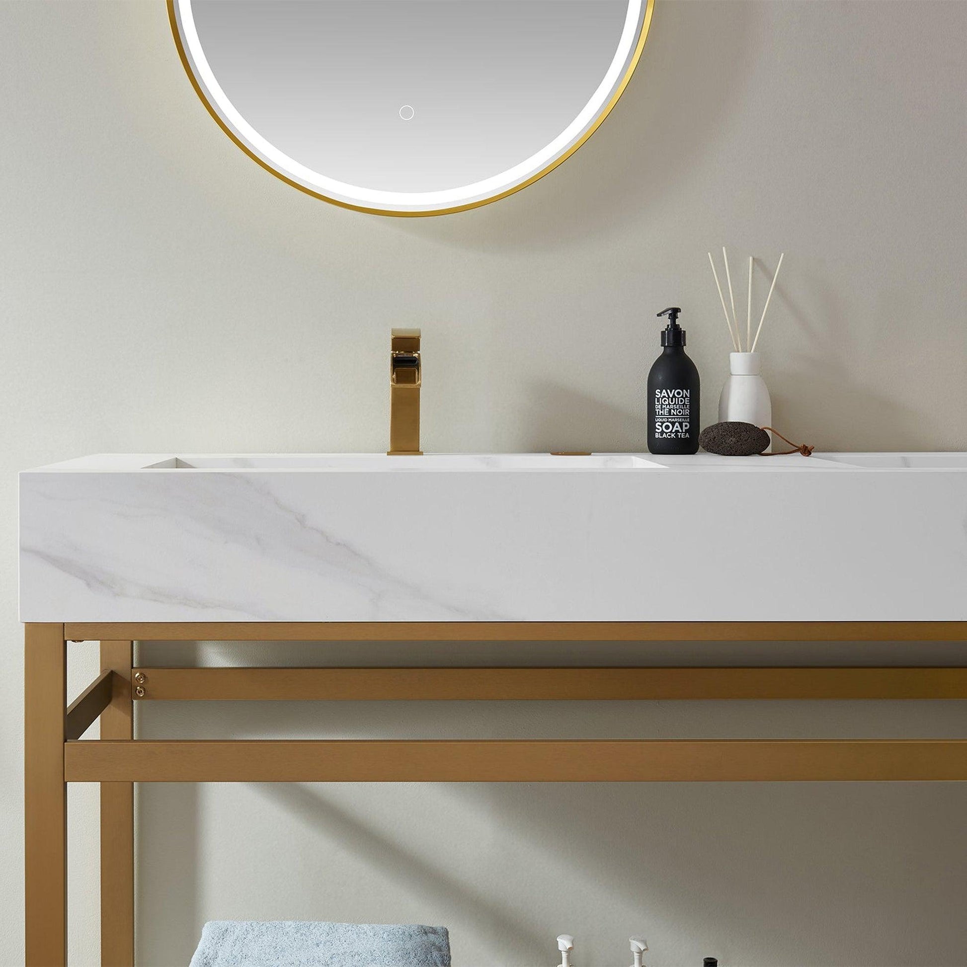 Vinnova Bilbao 60" Double Vanity With Brushed Gold Stainless Steel Bracket Match With Snow Mountain White Stone Countertop With Mirror