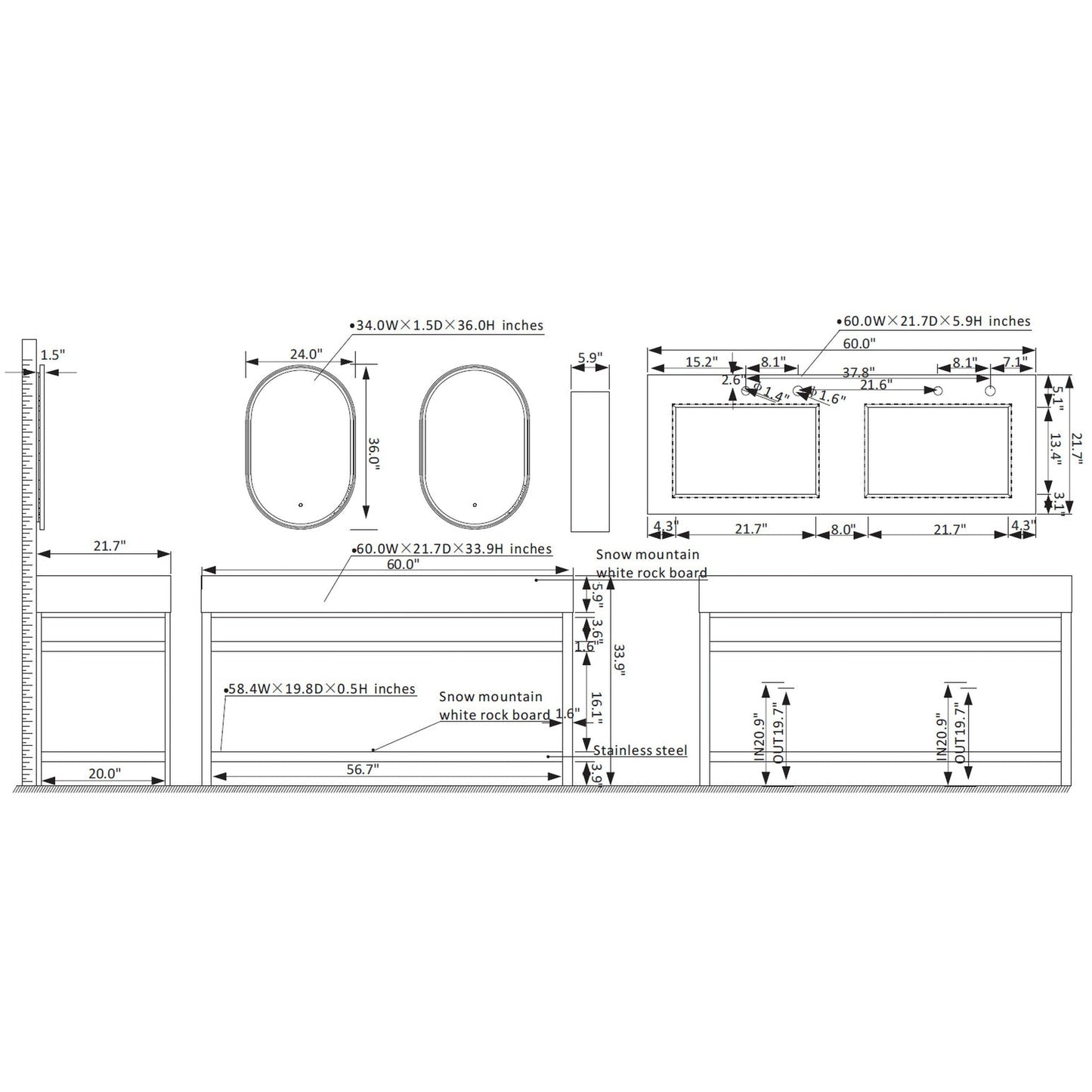 Vinnova Bilbao 60" Double Vanity With Matte Black Stainless Steel Bracket Match With Grey Sintered Stone Countertop With Mirror