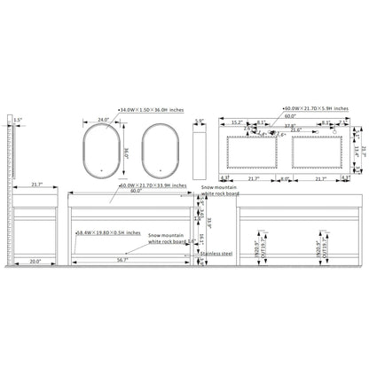 Vinnova Bilbao 60" Double Vanity With Matte Black Stainless Steel Bracket Match With Grey Sintered Stone Countertop With Mirror