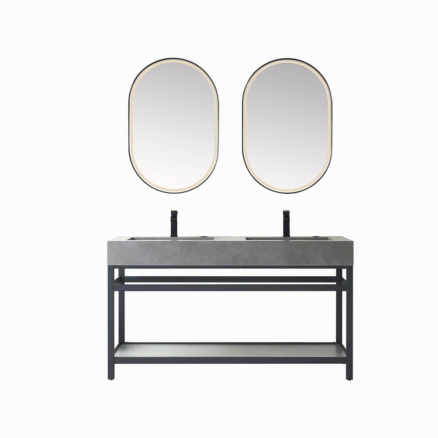 Vinnova Bilbao 60" Double Vanity With Matte Black Stainless Steel Bracket Match With Grey Sintered Stone Countertop With Mirror